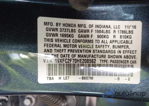 2017 Honda Civic Ex из США, поврежденный, VIN 19XFC2F70HE208562